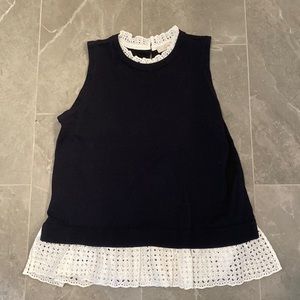 Loft blue sleeveless sweater with eyelet trim. Navy size large.